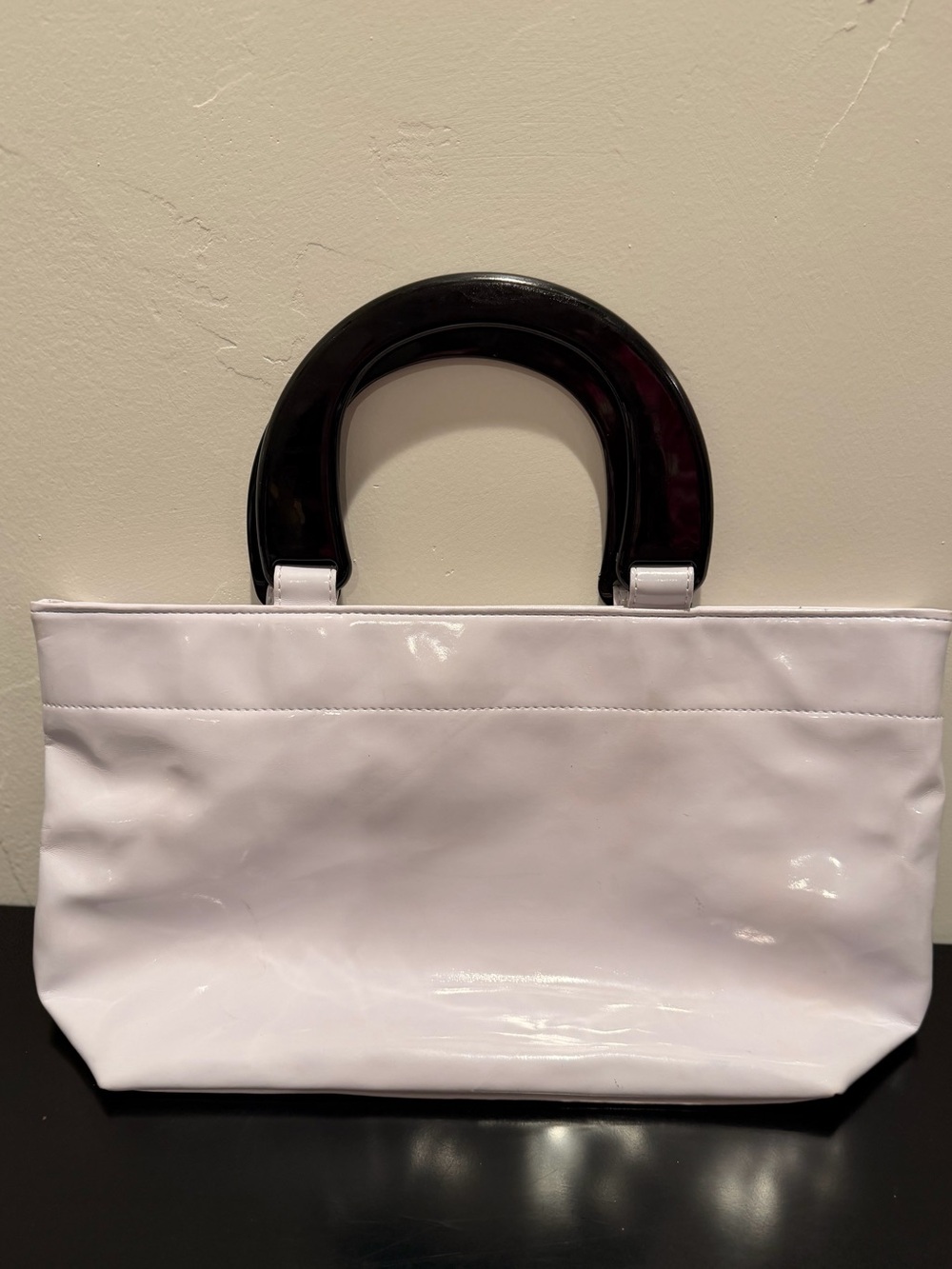 Neiman Marcus White Patent Tote with Black Arched Handles